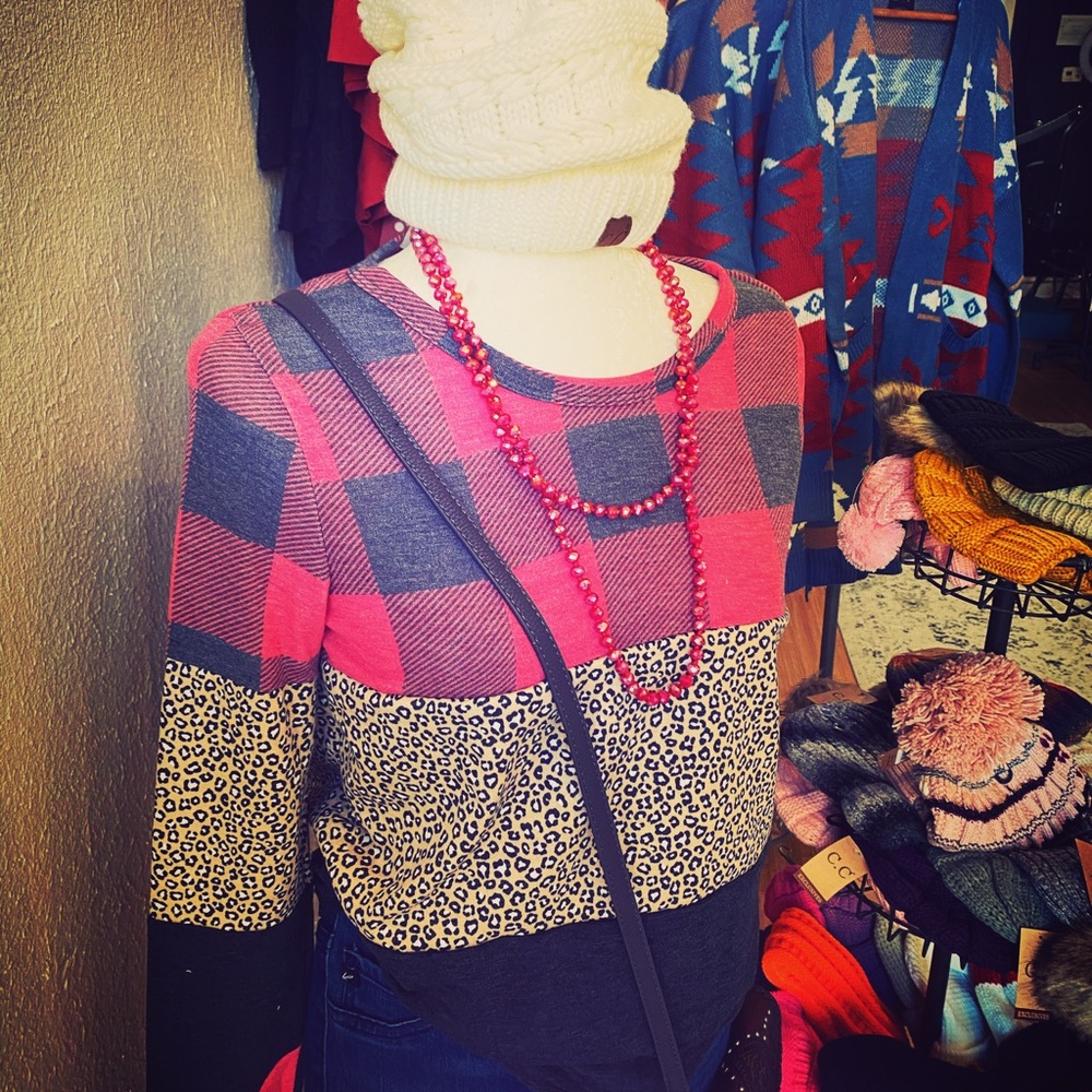 Buffalo and leopard color block sweater